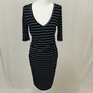 Gibson Latimer Black and White Striped Knit V Neck Stretch Dress-Size Small